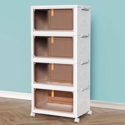 Image of 4 Tier Stackable Storage Bins with Lids, 23Qt Plastic Containers Magnetic Doors &amp; Wheels, Collapsible Closet Organizers, Foldable Organization for Home, Party, Office, Dorm