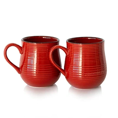 Image of Prodbuy [Set of 2] Large Red Ribbed 400ml Stoneware Coffee Mugs