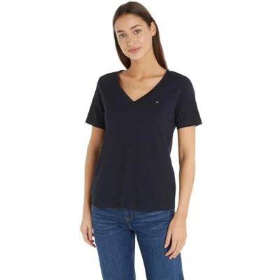 Image of Tommy Hilfiger Women Modern Regular V Nk Ss S/S Knit Tops, Blue, S