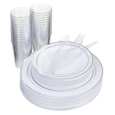 Image of MATANA 150 Pcs Reusable White &amp; Silver Plastic Dinnerware Set for 25 Guests Dinner Plates, Dessert 10oz Glitter Cups Cutlery Weddings, Birthdays, Christmas Parties