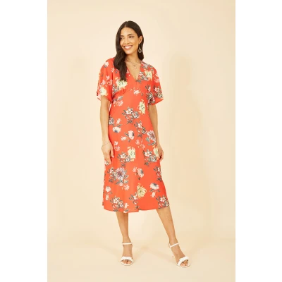 Image of Yumi Womens Red Floral Kimono Midi Dress viscose Size 8 UK