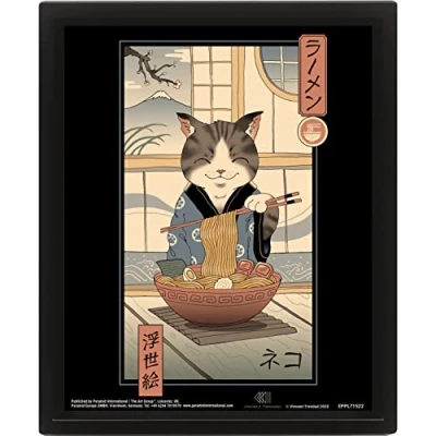 Image of Vincent Trinidad 3D Lenticular Framed Wall Art (Neko Ramen Ukiyo E Design) Print in Black Picture Frame 28.5cm x 23.5cm. Oriental Poster / Decor Official Merchandise