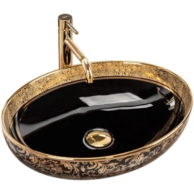 Image of REA Schwarz Bathroom Sink Made of Ceramic black/gold U8978, Margot Gold/Black 52 X 40 Cm