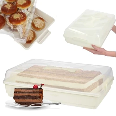 Image of KADAX Plastic Cake Carrier, Transparent Container with Airtight Lid, Rectangular Storage Box Handle and Locking Clips (44 x 30 cm, Cream)