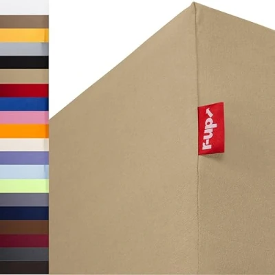 Image of r up Fits Fitted Sheet 90 x 200 100 to 35 cm Height, Many Colours, 100% Cotton, 130 g/m², Oeko Tex Stress Free, Also for High Mattresses (Sand)