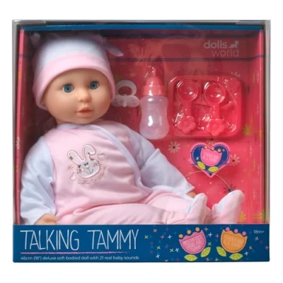Image of DOLLSWORLD from Peterkin Talking Tammy doll 46cm (18&quot;) baby with 21 sounds, deluxe outfit and feeding Accessories Dolls &amp; Ages 18m+