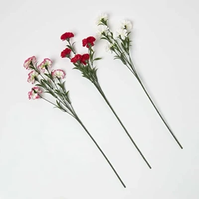 Image of HOMESCAPES Set of 3 Artificial Single Stem Carnation Flowers 55 cm Tall Faux Silk Sprays for Bouquet or Floral Arrangement