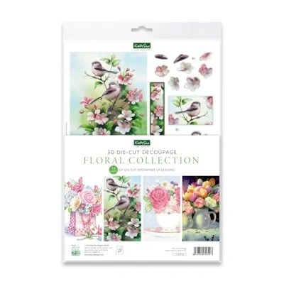 Image of Katy Sue Designs Floral Collection Die Cut Decoupage Sheets for Card Making. A Pack of 12 Cuts Making Supplies with Flowers, Blossom, Birds, Tea Cups, &amp; Tulips
