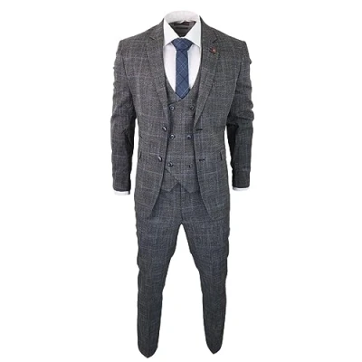 Image of Mens 3 Piece Tailored Fit Suit Check Grey Blue Double Breasted Vintage Wedding 50