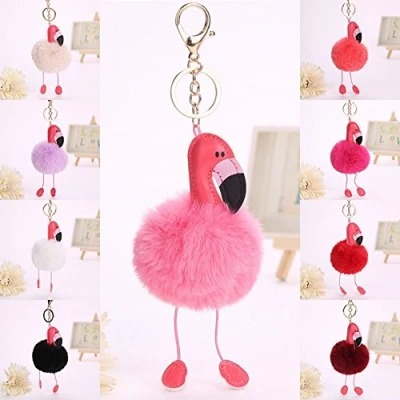 Image of Grehge all Pom Keyring, Flamingo Keychain Fluffy Keyring Balls Key Rings Plush Cellphone Bag Charm Pendant Chain Gift Rose