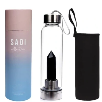 Image of SAOI Crystal Water Bottle Black Obsidian Gemstone Infused Elixir Natural Wellness Healing Glass/Stainless Steel