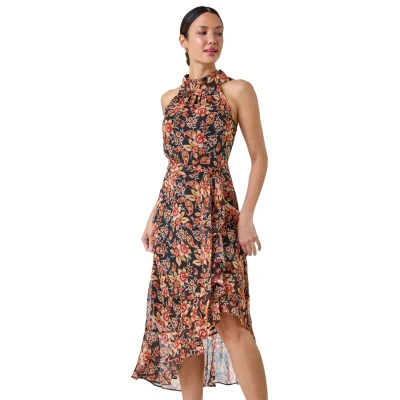 Image of Roman Originals Women Halter Neck Frill Midi Dress Ladies Special Occasion Evening Party Wedding Guest Print Ruffle Detail Sleeveless Round Dresses Black Red Size 18