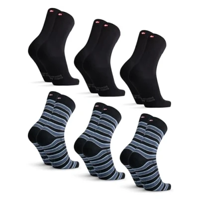 Image of DANISH ENDURANCE Mens Socks, Organic Cotton, Soft, Breathable, Ladies Everyday, Unisex, 3 or 6 Pack, Multicolor (3xBlack, 3xBlack Stripes), 5