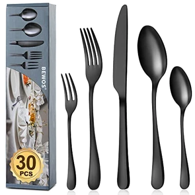 Image of BEWOS Cutlery Set for 6 People, 30 Piece Black Matte Including Knife, Fork, Spoon, Stainless Steel, Dishwasher Safe