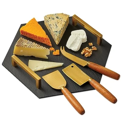 Image of Occasion Hexagon Natural Slate Platter, Cheese Server with Brass Handles &amp; 3 Acacia Handle Knives