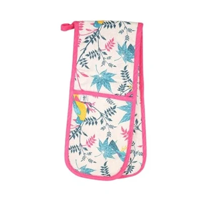 Image of RHS Oven Gloves, Insulated and Heat Resistant, Double Glove Mitts, Organic Cotton, Stone with Botanical Bird Design