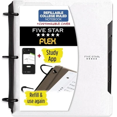 Image of Five Star Flex Hybrid NoteBinder + Study App, 1 Inch Binder with Tabs, Customizable Cover, Notebook and 3 Ring All in One, White (29326AE2)