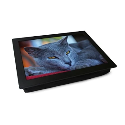 Image of Extra Large Portable Lap Desk Tray (Chartreux Cat) Wide Multi Purpose Handmade Wooden Frame, Big Beanbag Cushion Bottom Computers, Laptops, Meals, Food 49.8cm XL20 Black