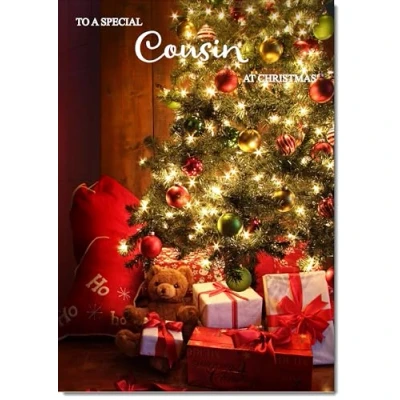 Image of doodlecards Cousin Christmas Card Teddy by Tree Medium Size for with Plain Envelope