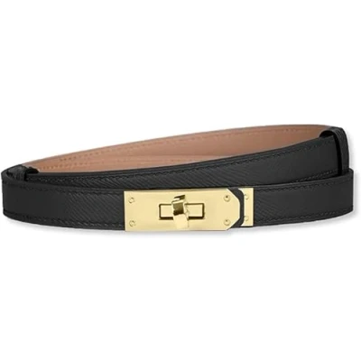 Image of baizhong Women Skinny Leather Belt Classic Solid Color Alloy Turn Lock Ladies Adjustable Slim Thin Waist Belt（Black/gold）