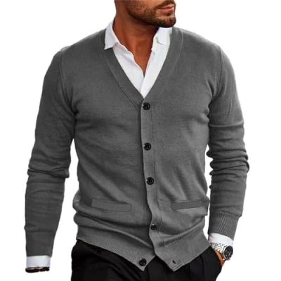 Image of WESBR Mens Knit Jumper Thin Cut Knitwear Men Fine Cardigan V Neck Button Placket Knitted Jacket Casual Long Sleeve B Grey S