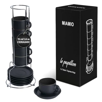 Image of MIAMIO 75 ml Espresso Cup Set with Saucers Coffee Mug of 6 Ceramic Stackable Stand for Drinks, Latte, Cafe Mocha Le Papillon Collection (Black)