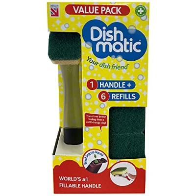Image of Dishmatic Value Pack Kit 1x Refillable Washing Up Liquid Dispensing Handle with 6X Replaceable General Purpose Sponge Heads Antibacterial Kitchen Easy Grip