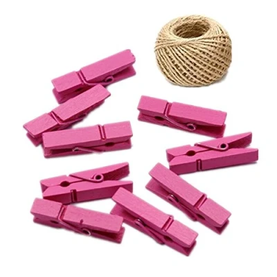 Image of 100 Colored Wooden Large Pegs 45mm Clothespins Craft Photo Clips with 20 Meters Jute Twine for Rustic Decoration(Rose)