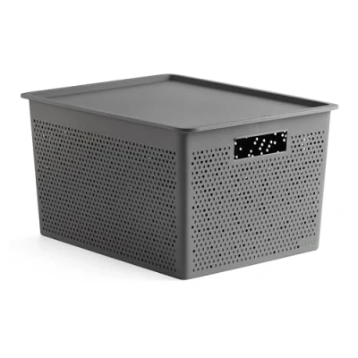Image of TATAY Set of 20L Rectangular Organizer Box and Boston Lid, Polypropylene, BPA Free, 100% Recycled Plastic, Anthracite Grey, Measures 30.5 x 39.5 22 cm