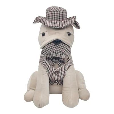 Image of Lesser &amp; Pavey Tweedy Pals Weighted Cream Animal Doorstop Dressed in Brown Tweed Suit Dog, Teddy, Rabbit, Dachshund, Owl, Bull or Elephant Designs (Dog)