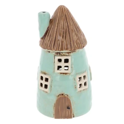 Image of Shudehill Giftware Village Pottery Thatched Roof House Tealight Holder Aqua, Blue, Pink &amp; Cream (Aqua)