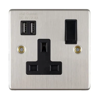 Image of Stainless Steel 13A 1Gang Switched USB Socket (2400mA) Brushed Chrome Double