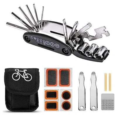 Image of Bike Tool Kit, 16 in 1 Multifunction Repair Kits Bicycle Fix Set Cycling Tire Puncture Mountain Road Accessories with Storage Bag