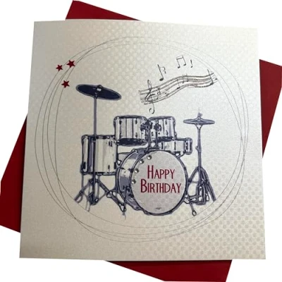 Image of White Cotton Cards&quot;Drums Happy Birthday&quot; Handmade Birthday Card, SB53,grey,16cm x 16cm