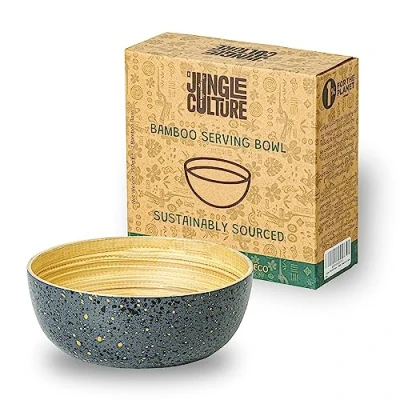Image of Jungle Culture® Medium Bamboo Salad Bowl Handmade Wooden Bowls Big Fruit with Black Terrazzo Pattern Wood Bread Basket Eco Friendly Decorative Serving for Pasta, Snacks &amp; Crisps
