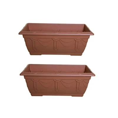 Image of Set Of 2 Terracotta Venetian Patio Trough Pot Planter Large Plastic Garden Plant 60cm