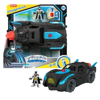 Image of Fisher Price Imaginext DC Super Friends Batmobile with lights and sounds, Batman toys for preschool play ages 3 years up, HGX96
