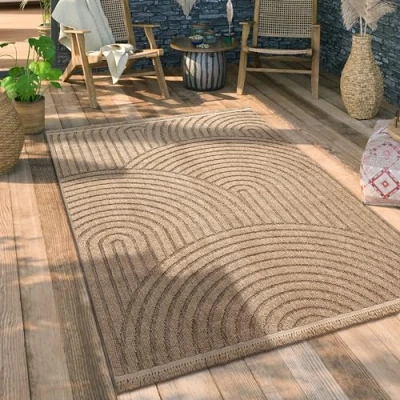 Image of Paco Home Outdoor Rug For Garden Area Living Room Kitchen Aztec Pattern Floral Geometric Pattern, Size:120x160 cm, Colour:Beige 3