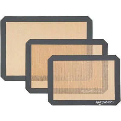 Image of Amazon Basics Rectangular Silicone, Non Stick, Food Safe Baking Mat, Pack of 3, Beige/Gray, 41.9 cm x 29.5
