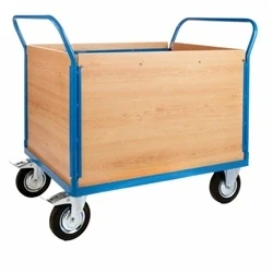 Image of 4 Veneer Sides Platform Truck 1500x800x1050; Castors Steel Blue/Veneer