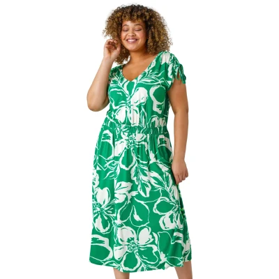 Image of Roman Curve Geometric Print Ruched Stretch Midi Dress for Women UK Ladies Everyday Holiday Spring Summer V Neckline Comfy Soft Evening Vacation Work Party Green Size 30