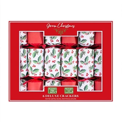 Image of Harvey &amp; Mason 6 Christmas Crackers Eco Friendly Deluxe Luxury Red And White Holly Xmas Party Celebration
