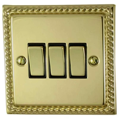 Image of G&amp;H Brassware MB303 2 Way Three Gang Georgian Polished Brass Light Switch Metal Rockers and Black Inserts