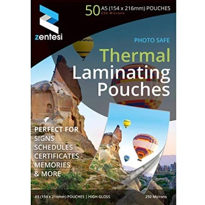 Image of Zentesi A5 Laminating Pouches High Gloss Laminator Sleeves 250 Micron (125 + 125 Microns) Glossy Laminate Pouch Sheets Pack of 50