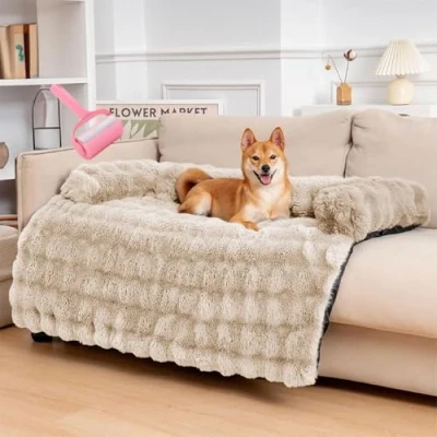 Image of PZZPPU Fuzzy Dog Sofa Bed Mat,Washable Plush Couch Cover for Dog,Furniture Protector Pet Mat Dogs and Cats,with Anti Slip Bottom