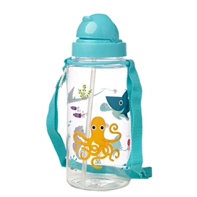 Image of Puckator Splosh Kids Drinks Bottle With Straw Reusable Water For Girls And Boys An Attached Long Strap Bpa Free School Nursery Cute Sealife Design Pp 450ml