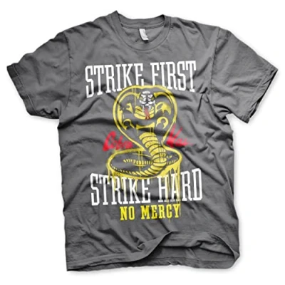 Image of Cobra Kai Officially Licensed Strike First Hard No Mercy Mens T Shirt (Dark Grey), XX Large
