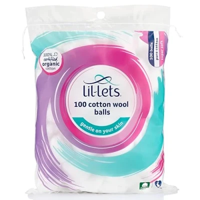 Image of Lil Lets Cotton Wool Balls, 100 Count, Certified Organic, 100% Pure Wool, Super Soft, Large Puffs, Gentle on Skin, Dermatologically Tested