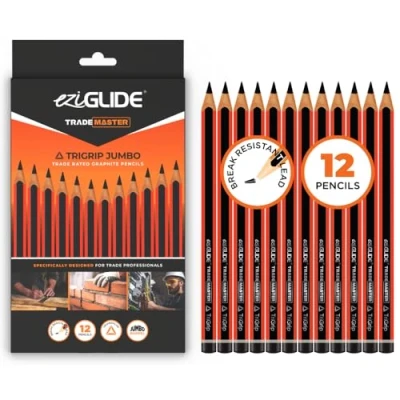 Image of TRADEMASTER Carpenters Pencils Pack of 12 Builders Pencil with TriGrip Jumbo Barrel Construction Having Hard Lead for Marking Wood, Brick, Concrete &amp; Plasterboard Work Builder