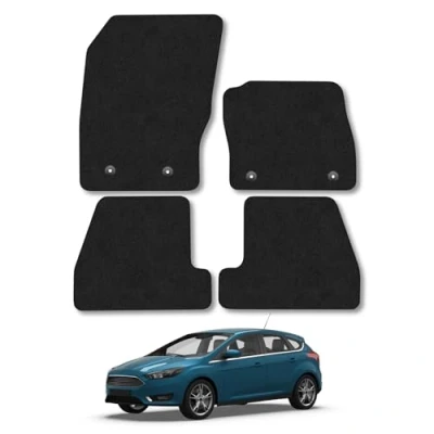 Image of Car Mats Compatible with Ford Focus (2015 2018) [MK3] Tailored Fit Carpet Floor Mat Set Accessory Black Custom Fitted 4 Pieces Clips Anti Slip Backing &amp; Trim Edging